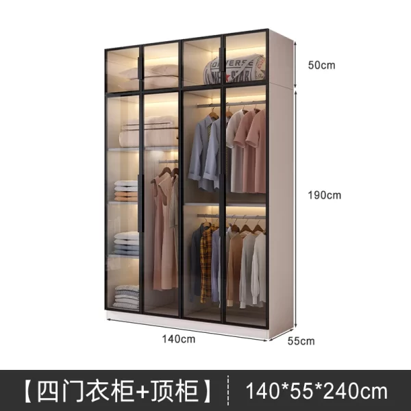 Solid wood large wardrobe household bedroom glass door cloakroom combination cabinet small apartment modern simple storage locke - Image 18