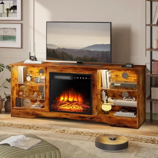 58 Inches Fireplace TV Stand for TVs up to 65 Inches Console with 18'' Electric Fireplace & Remote, Wooden Modern Entert - Image 3