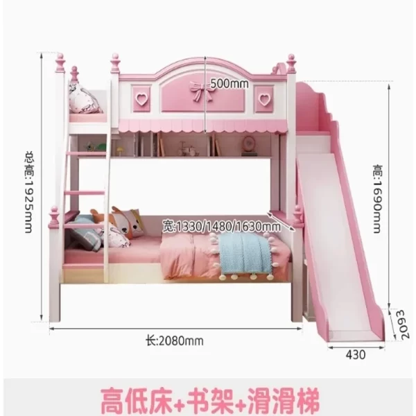 Girls Princess Double Bunk Bed - Two-Layer Slide Bunk Bed for Kids - Image 11