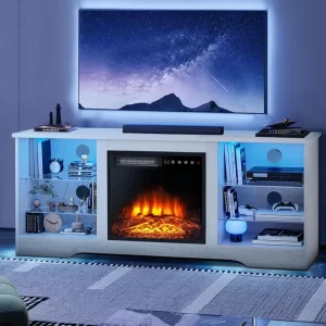 58 Inches Fireplace TV Stand for TVs up to 65 Inches - Modern Wooden Console with 18'' Electric Fireplace & Remote Control