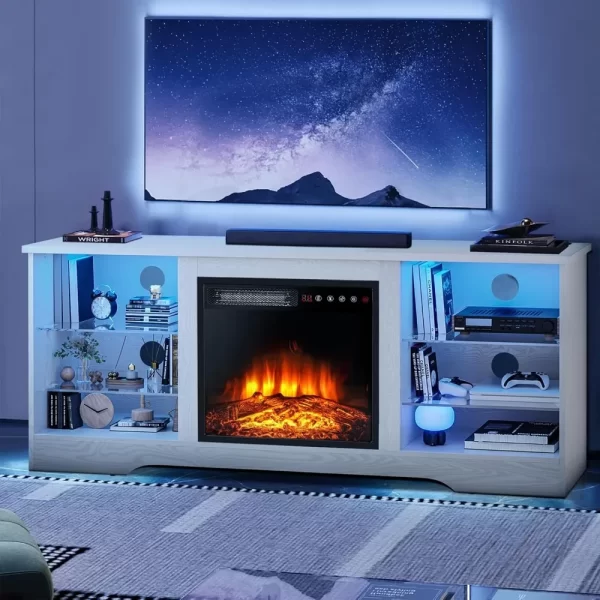 58 Inches Fireplace TV Stand for TVs up to 65 Inches - Modern Wooden Console with 18'' Electric Fireplace & Remote Control