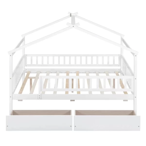 Full Size House Bed with Storage Drawers Playhouse Platform Bed Wooden House-shaped Beds Frame with Fence Guardrail and Roof - Image 4