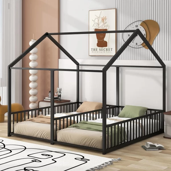 Double Twin Size Floor Bed, Metal Shared Platform Beds for 2 Kids, Montessori House Bed for Toddler Boys Girls Teens - Image 7