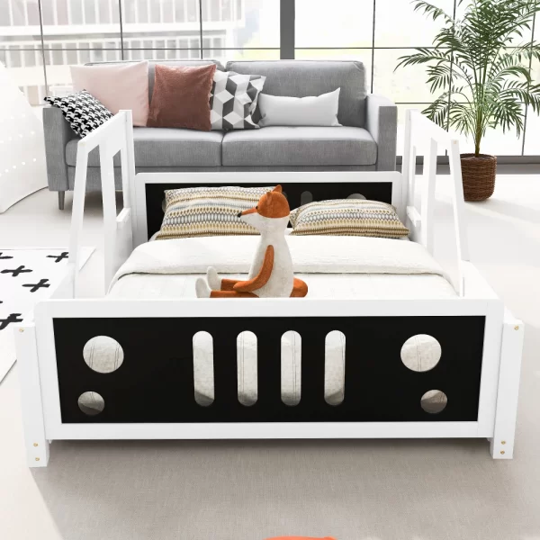 Full Size Classic Car-Shaped Platform Bed with Wheels,White - Image 3