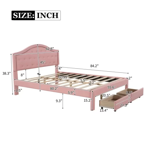 Queen Size Upholstered Platform Bed Frame with LED Lights, Modern Upholstered Princess Bed with Tufted Headboard and 2 Drawers - Image 2