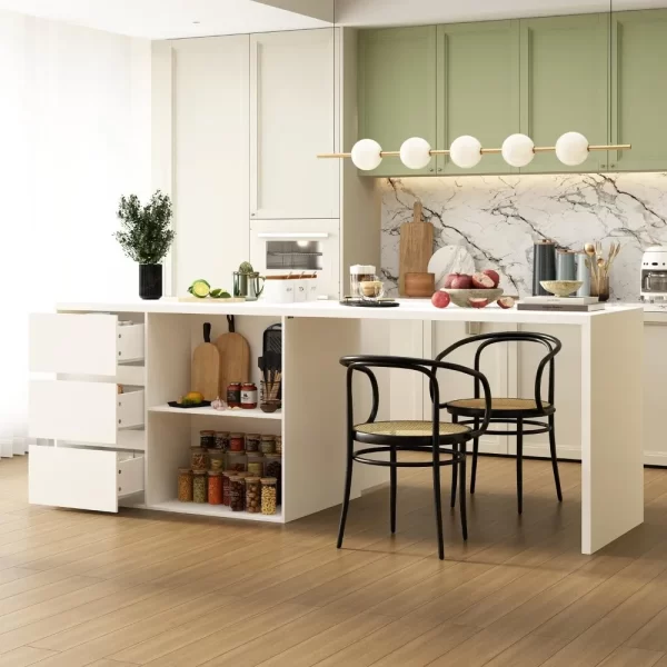 Kitchen Island with Storage,Wood Kitchen Prep Table White Stationery Storage Cabinet with 3 Drawers,Open Shelves & 2 Cabinets - Image 4