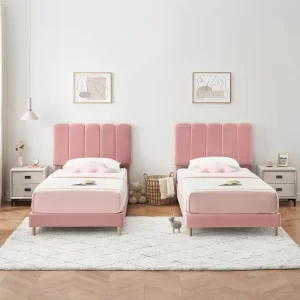 Twin Bed Frame With Headboard, Velvet Upholstered Twin Platform Bed Frame For Girls, Strong Wooden Slats Support, Noise-Free,