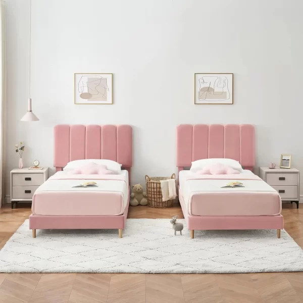 Twin Bed Frame With Headboard, Velvet Upholstered Twin Platform Bed Frame For Girls, Strong Wooden Slats Support, Noise-Free,