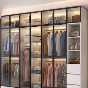 Solid wood large wardrobe household bedroom glass door cloakroom combination cabinet small apartment modern simple storage locke