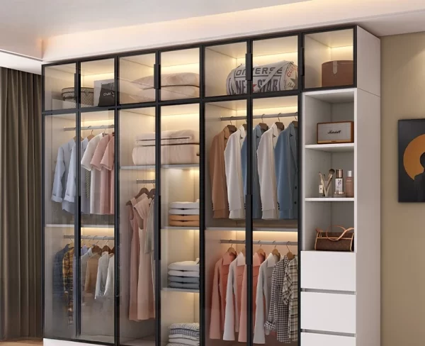 Solid wood large wardrobe household bedroom glass door cloakroom combination cabinet small apartment modern simple storage locke