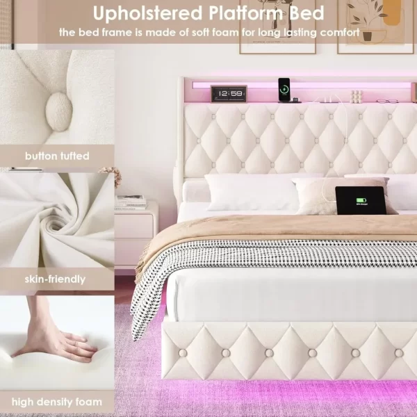 Floating Bed Frame Queen Size Platform with LED Lights, USB Charging Station Headboard Modern Upholstered Velvet Fabric Bed - Image 5
