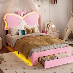 Twin Bed Frames with LED Lights and Storage Drawer, Upholstered Beds Frame Twin Size with Height Adjustable Butterfly Headboard