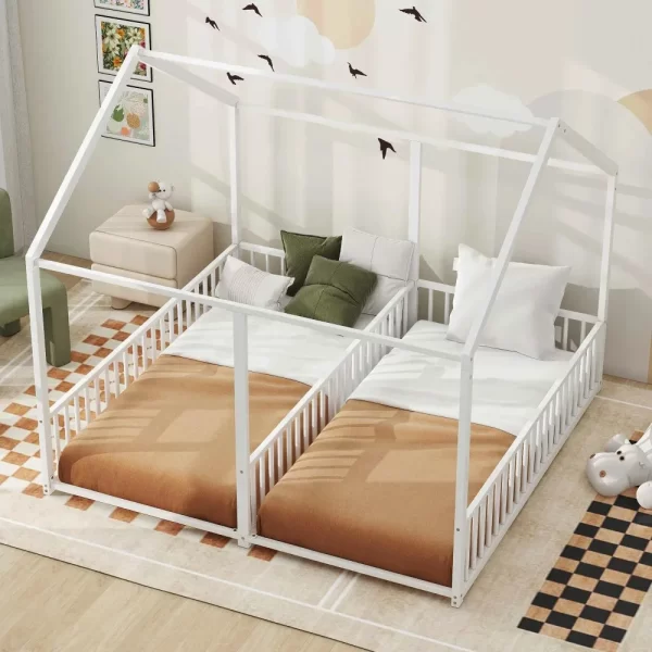 Double Twin Size Floor Bed, Metal Shared Platform Beds for 2 Kids, Montessori House Bed for Toddler Boys Girls Teens - Image 3