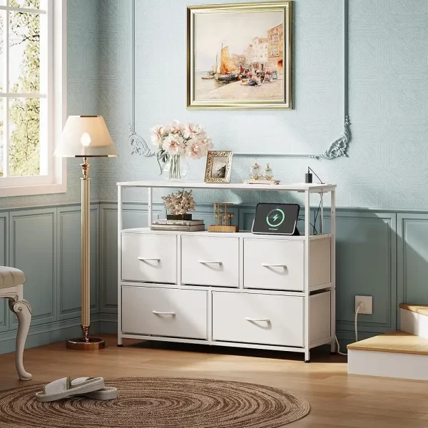 Dresser with Open Shelf and Power Outlet 5 Drawer Storage Unit Living Room Bedroom Entertainment Center Stylish Organizer - Image 5