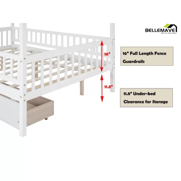 Full Size House Bed with Storage Drawers Playhouse Platform Bed Wooden House-shaped Beds Frame with Fence Guardrail and Roof - Image 6