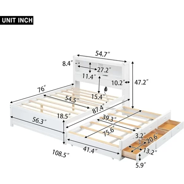 Full Platform Bed with Twin Size Trundle,Bookcase Headboard,Charging Station and 3 Drawers,Wood Full Storage Bed Frame for Kids - Image 3