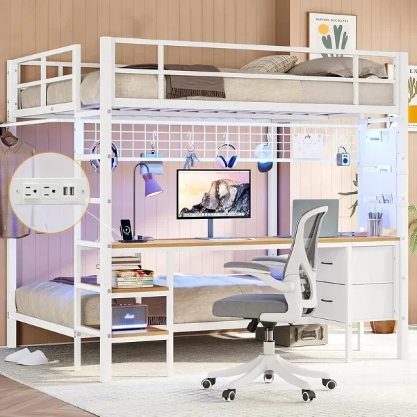 Bunk Bed with Desk, LED Lights, Charging Station, Storage Shelves, Drawers, Safety Guard, Ladder, Metal Frame, Full Over Twin - Image 7