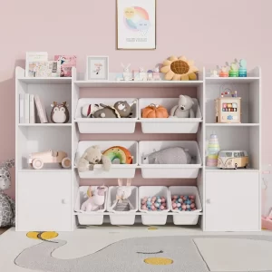 Kids Toy Storage Organizer W/8 Removable Toy Bins, 4-Tier Toy Organizers W/6 Storage Cubbies, Kids Bookshelf and Storage