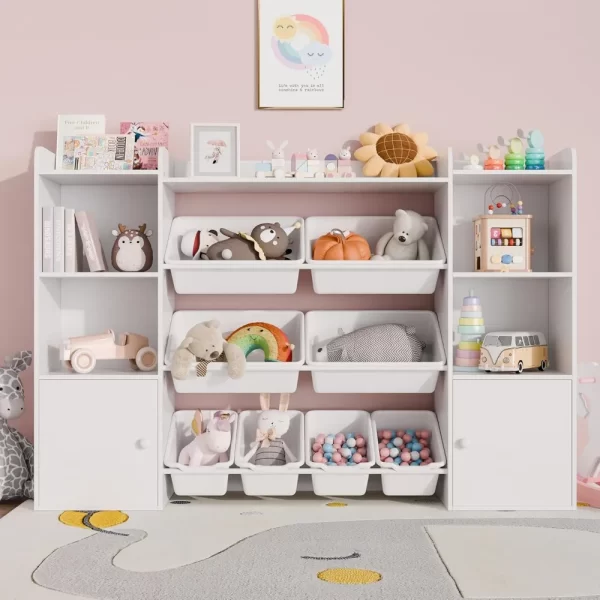 Kids Toy Storage Organizer W/8 Removable Toy Bins, 4-Tier Toy Organizers W/6 Storage Cubbies, Kids Bookshelf and Storage