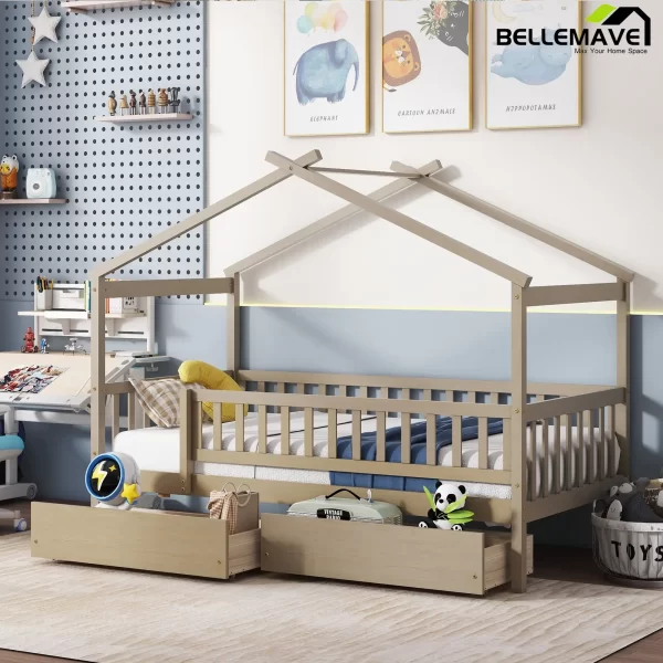 Full Size House Bed with Storage Drawers Playhouse Platform Bed Wooden House-shaped Beds Frame with Fence Guardrail and Roof - Image 7