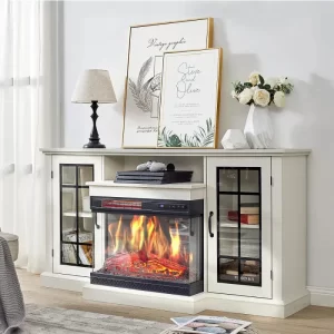 QW3-Sided Glass Fireplace TV Stand for TVs up to 65'' with 12 Color,Media Entertainment Center Console Table with Doors Closed
