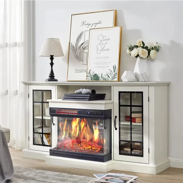 QW3-Sided Glass Fireplace TV Stand for TVs up to 65'' with 12 Color,Media Entertainment Center Console Table with Doors Closed