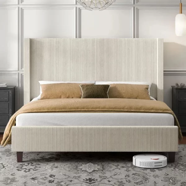 QWHOWE Queen Size Upholstered Platform Frame,Wingback Bed with 50.8" Headboard,Corduroy/Solid Wood Leg/No Box Spring Needed/No - Image 2