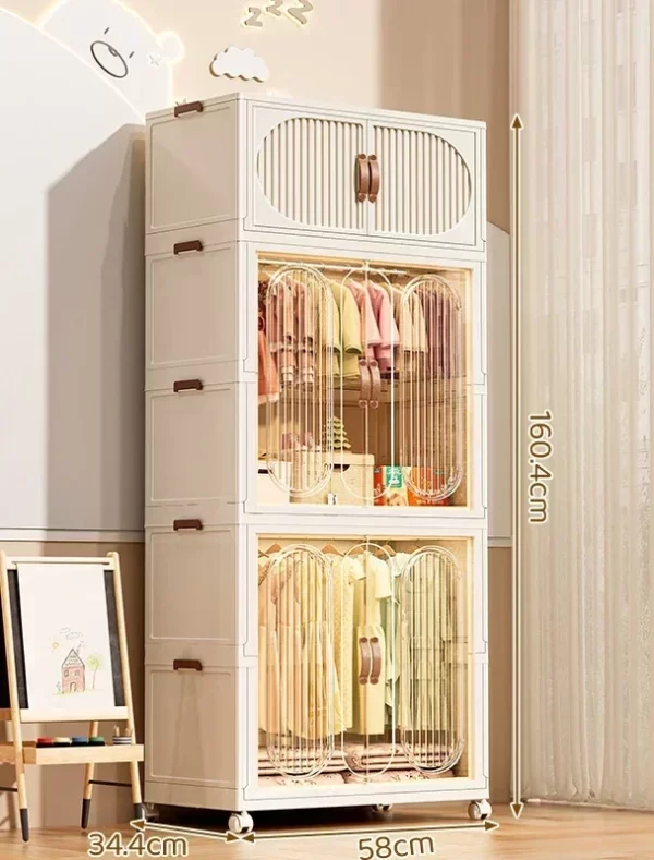 Folding Storage Cabinet With Wheels Double Door Baby Wardrobe Closet Transparent Locker Large Capacity Organizer Bins Shelf - Image 30