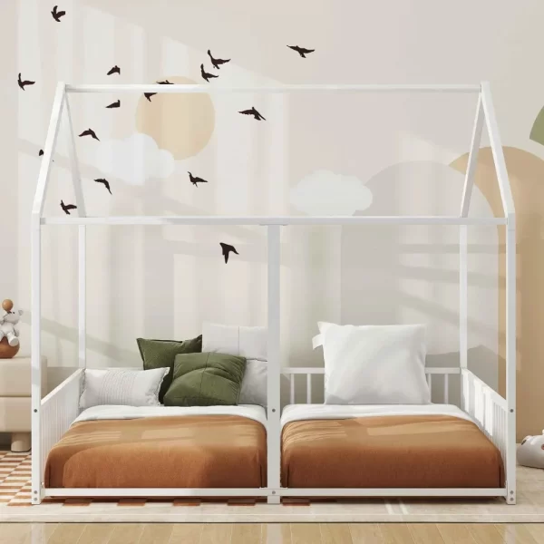 Double Twin Size Floor Bed, Metal Shared Platform Beds for 2 Kids, Montessori House Bed for Toddler Boys Girls Teens - Image 2