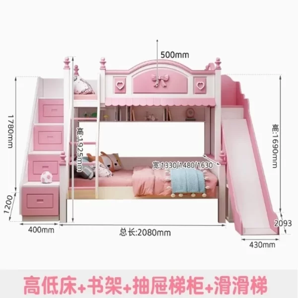 Girls Princess Double Bunk Bed - Two-Layer Slide Bunk Bed for Kids - Image 12