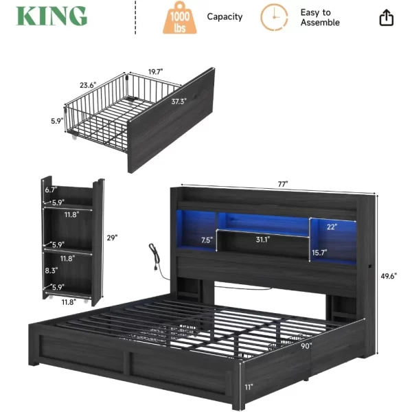 King Size Bed Frame with 4 Storage Drawers,  with 49.6" Tall Bookcase Headboard, with Charging Station, LED Bed Frame - Image 2