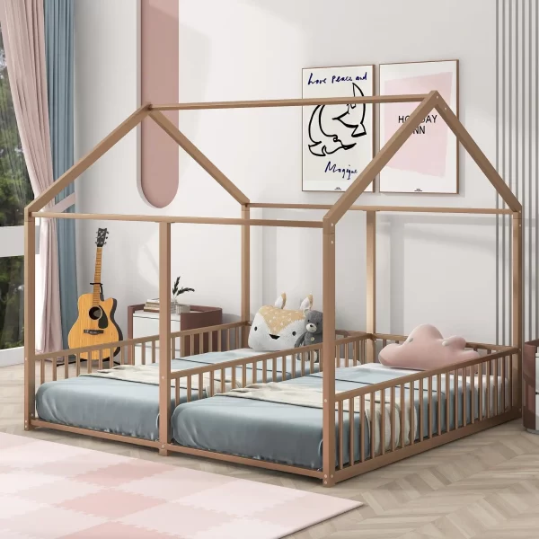 Double Twin Size Floor Bed, Metal Shared Platform Beds for 2 Kids, Montessori House Bed for Toddler Boys Girls Teens - Image 8