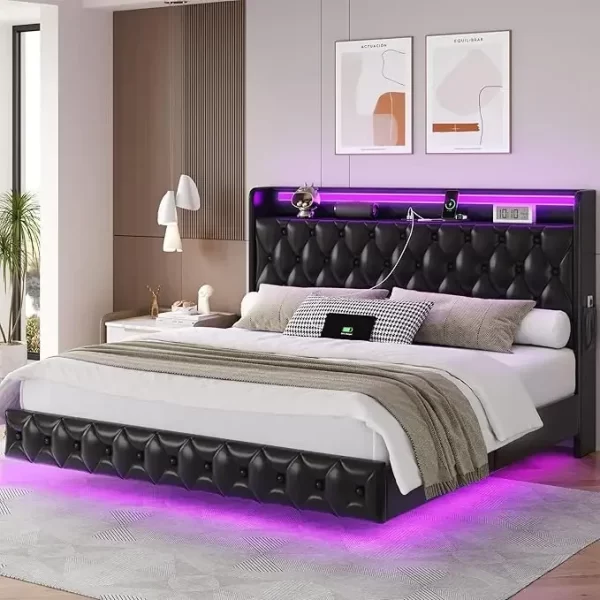 Floating Bed Frame Queen Size Platform with LED Lights, USB Charging Station Headboard Modern Upholstered Velvet Fabric Bed - Image 7