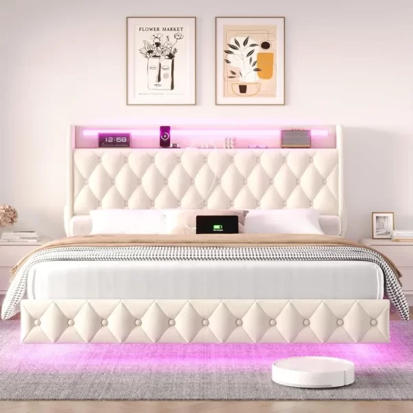 Floating Bed Frame Queen Size Platform with LED Lights, USB Charging Station Headboard Modern Upholstered Velvet Fabric Bed - Image 6