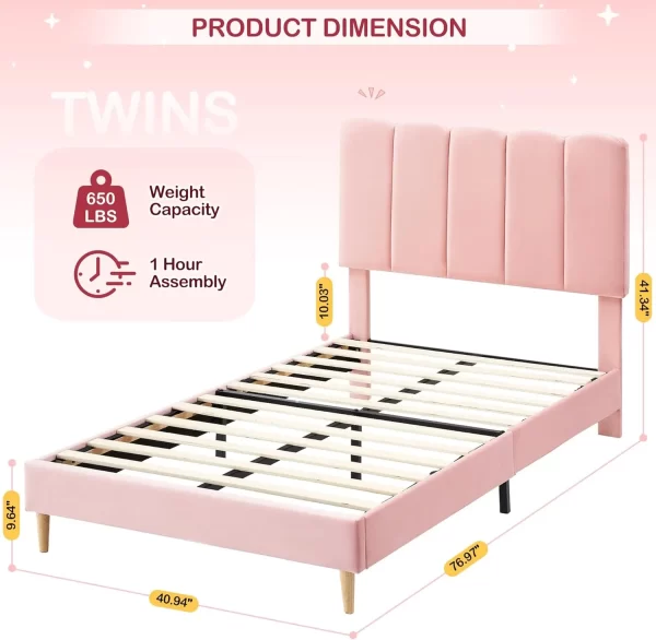 Twin Bed Frame With Headboard, Velvet Upholstered Twin Platform Bed Frame For Girls, Strong Wooden Slats Support, Noise-Free, - Image 3