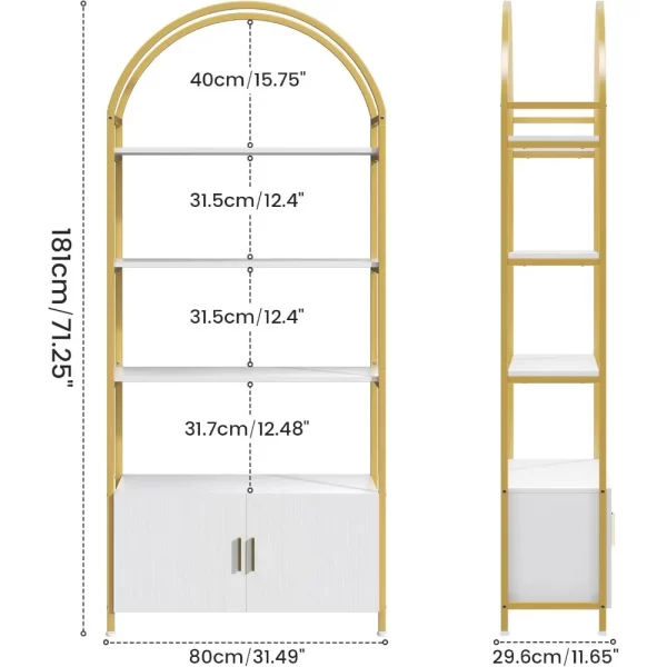 Arched Gold Bookshelf with Doors, 71" Tall Bookcase with Sturdy Metal Frame, Freestanding Display Shelving Unit - Image 2