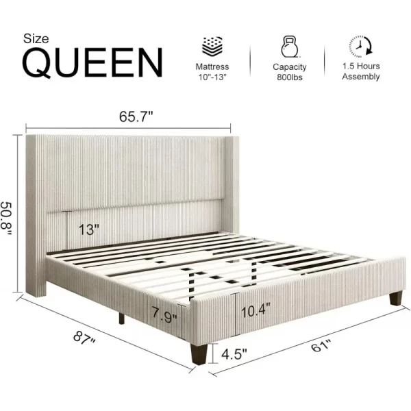 QWHOWE Queen Size Upholstered Platform Frame,Wingback Bed with 50.8" Headboard,Corduroy/Solid Wood Leg/No Box Spring Needed/No - Image 3