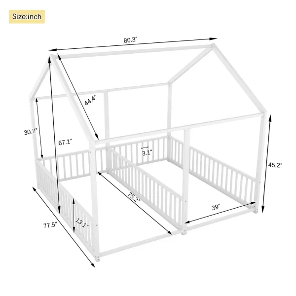 Double Twin Size Floor Bed, Metal Shared Platform Beds for 2 Kids, Montessori House Bed for Toddler Boys Girls Teens - Image 5
