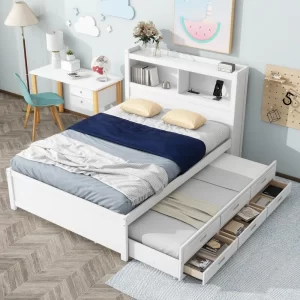 Harper & Bright Designs Full Size Platform Bed with Trundle, Drawers and Bookcase Headboard with USB Plugs, Hardwood Full Size B