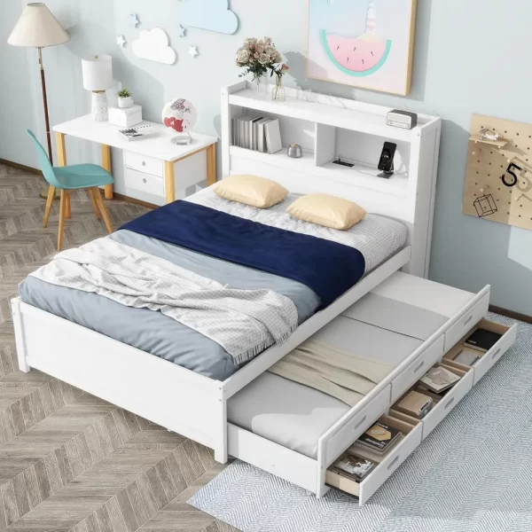 Harper & Bright Designs Full Size Platform Bed with Trundle, Drawers and Bookcase Headboard with USB Plugs, Hardwood Full Size B