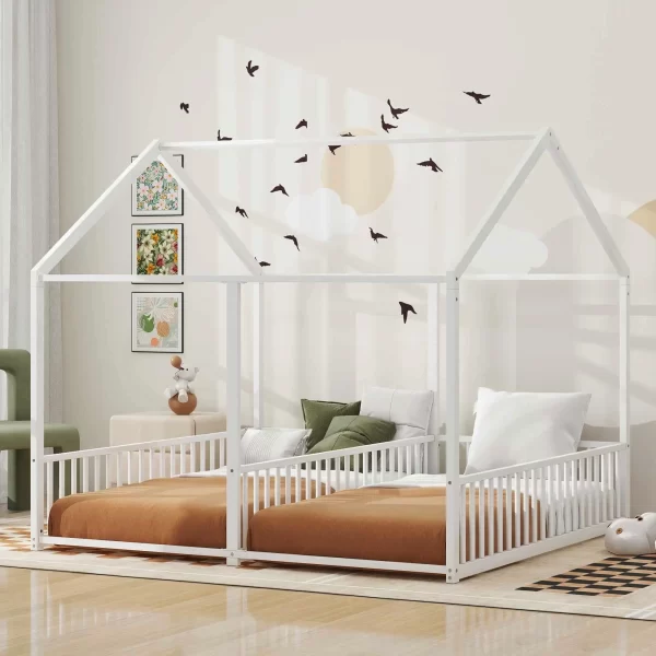 Double Twin Size Floor Bed, Metal Shared Platform Beds for 2 Kids, Montessori House Bed for Toddler Boys Girls Teens - Image 9