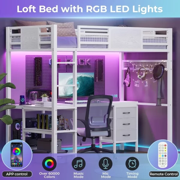 Twin Loft Bed with L-Shaped Desk,  LED Lights & Charging Sation, 3 Fabric Drawers, 2-Tier Storage Shelves, Metal Twin Size Bed - Image 3
