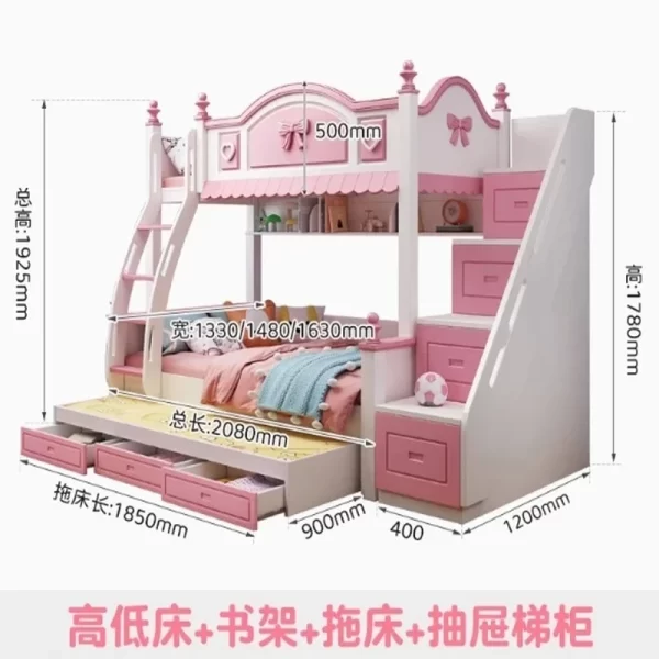 Girls Princess Double Bunk Bed - Two-Layer Slide Bunk Bed for Kids - Image 13