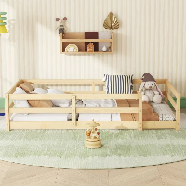 Twin Size Floor Bed, Montessori Floor Bed with Fence, Kids Montessori Bed Twin Size, Wood Montessori Floor Bed for Kids - Image 2
