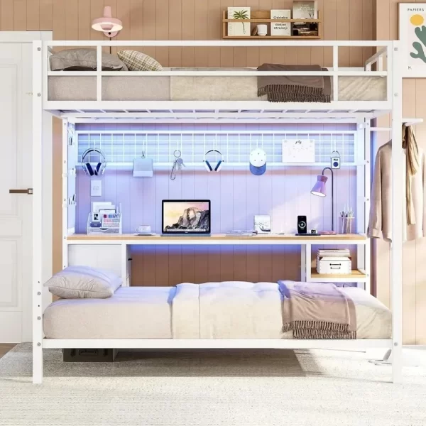 Bunk Bed with Desk, LED Lights, Charging Station, Storage Shelves, Drawers, Safety Guard, Ladder, Metal Frame, Full Over Twin - Image 6