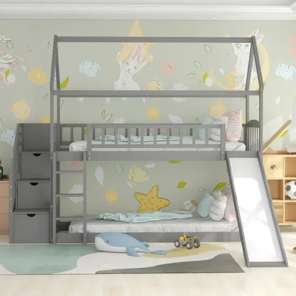 Solid wood children's double bunk bed with slide and stair, stairway with storage shelves, space-saving. - Image 6