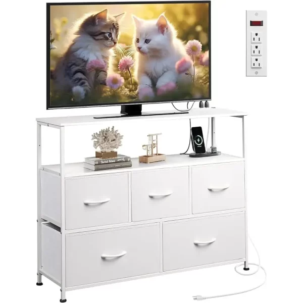 Dresser with Open Shelf and Power Outlet 5 Drawer Storage Unit Living Room Bedroom Entertainment Center Stylish Organizer - Image 2