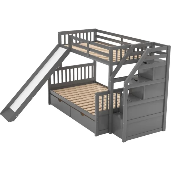SOFTSEA Twin Over Full Wood Bunk Bed with Slide Solid Wood Bunk Bed with Stairs and Drawers - Image 6