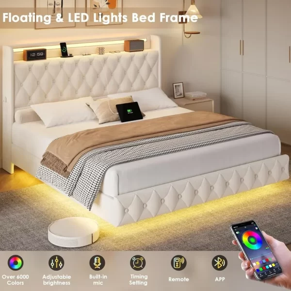 Floating Bed Frame Queen Size Platform with LED Lights, USB Charging Station Headboard Modern Upholstered Velvet Fabric Bed - Image 3