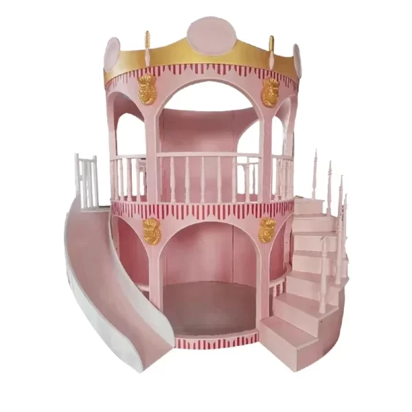 Customizable Solid Wood Pink Princess Castle Bunk Bed with Slide for Children's Bedroom - Image 4